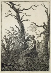 Die Frau mit einem Spinnennetz inmitten kahler Bäume